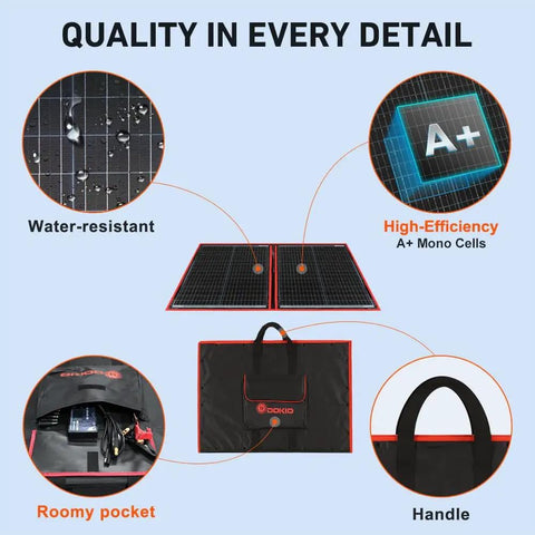 100W Portable Foldable Solar Panel Kit With Separate Controller And Dual USB For RVs Vans Tents And Camping Power Stations Emergency Backup Charge 12V Batteries Monocrystalline Charger showing water-resistant and high-efficiency features.