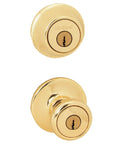 Gold door knob and deadbolt set viewed from the front, labeled Kwikset, matching Tylo Entry Knob And Single Cylinder Deadbolt Combo 1 Pack Satin Nickel
