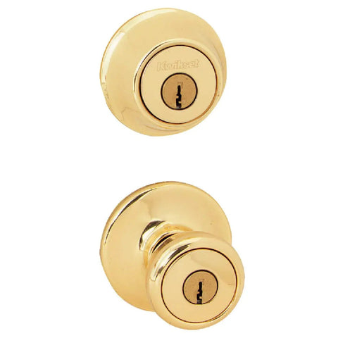 Gold door knob and deadbolt set viewed from the front, labeled Kwikset, matching Tylo Entry Knob And Single Cylinder Deadbolt Combo 1 Pack Satin Nickel