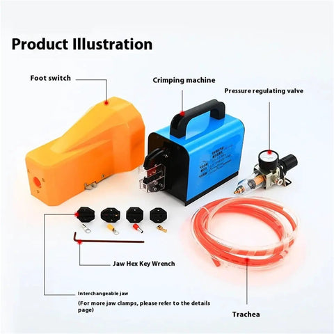 Heavy Duty JY-16M Pneumatic Wire Crimping Tool With Rock Solid 2.3 Ton Force For Fast Terminal Pressing And Secure Electrical Connections Compact Bench Mounted Design For Easy Workshop Use components including foot switch and pressure regulating valve.