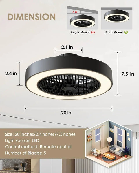 Enclosed Ceiling Fan With Lights Remote Control Low Profile Gray 20 Inch 6 Speeds Memory Mode Dimmable LED Three Color Lighting