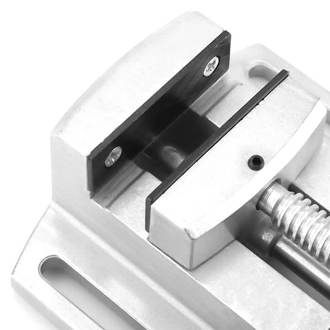 Close-up of 2.5 Inch Drill Press Vise Heavy Duty Metalworking Clamp With Stable Guiding Rods, precision jaws and screw mechanism.