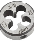 Close-up of 3/8-32 UNEF round die from HSS tap and die set for metalworking, steel, iron, aluminum, copper repair