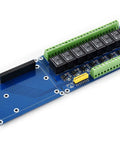 8 Channel Relay Expansion Board for Raspberry Pi and Jetson Nano 5V Power Supply GPIO Ready Controls High Voltage Home Appliances Up To 5A 250V AC with Photo Coupling Isolation and Rail Mount Case, close-up view.
