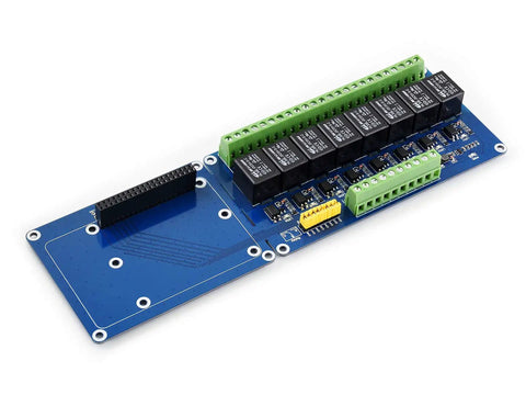8 Channel Relay Expansion Board for Raspberry Pi and Jetson Nano 5V Power Supply GPIO Ready Controls High Voltage Home Appliances Up To 5A 250V AC with Photo Coupling Isolation and Rail Mount Case, close-up view.