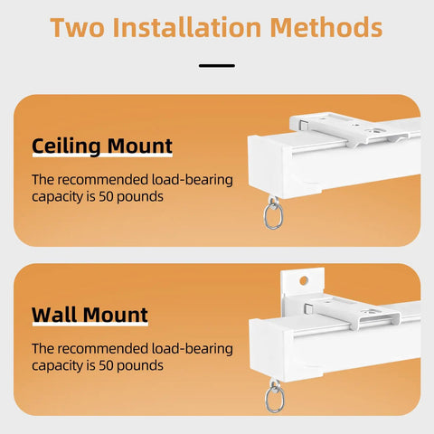 Heavy Duty White Curtain Track System For Ceiling Or Wall Mount With Thickened 6.89 Ft Rail And Hook Set, Ideal Room Divider For Living Room, Bedroom, Office, Or RV, Built To Be Durable, Rock Solid, And Long Lasting ceiling and wall mount shown