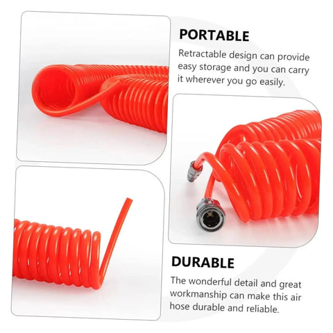 Heavy Duty Coiled Pneumatic Air Hose Reel That Retracts Like Magic To Tidy Up Workshop Messes Real Fast Plus Fits Most Standard Compressor Tools Like A Dream With Flexible Spiral Tube And Easy Plug Connections For Top Notch Airflow, red coiled hose