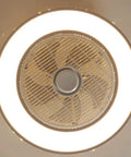 Sleek Minimalist Black Ceiling Fan With Three Speed Airflow And Three Color Dimming For Bedrooms And Offices Providing Smooth Quiet Cooling And Damn Good Vibes Every Single Day - top view with LED light ring.