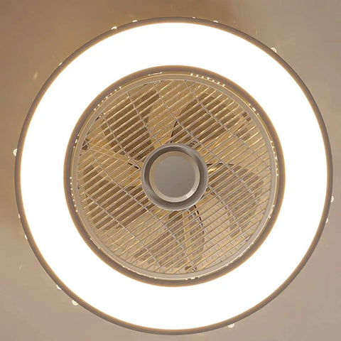 Sleek Minimalist Black Ceiling Fan With Three Speed Airflow And Three Color Dimming For Bedrooms And Offices Providing Smooth Quiet Cooling And Damn Good Vibes Every Single Day - top view with LED light ring.
