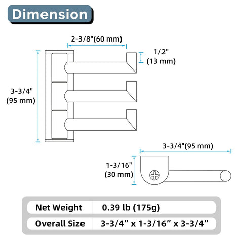 Super Slick Swivel Towel Hook With Three Turning Arms Matte Black Wall Mount Coat Rack dimensions diagram with size details
