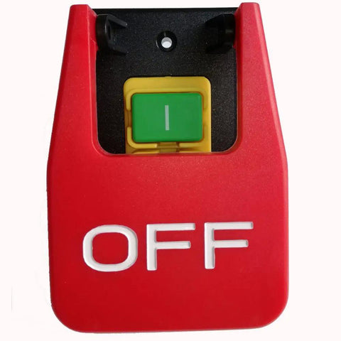 Heavy Hitter Industrial Electromagnetic Push Button Switch With Safety Emergency Cover For Table Saws And Planers Pro Shop Grade 120V 16A, red emergency stop switch with green paddle.