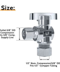 Chrome-plated brass angle stop valve with 1/2 in nominal compression x 3/8 in OD compression fittings.