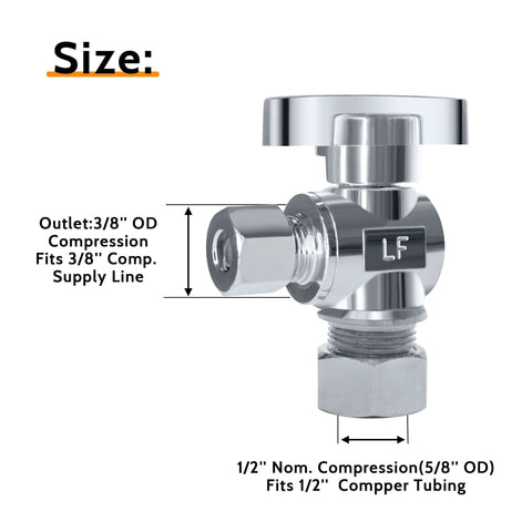 Chrome-plated brass angle stop valve with 1/2 in nominal compression x 3/8 in OD compression fittings.
