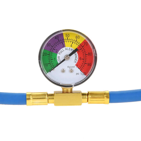 Pressure gauge on R134A Car AC Refrigerant Charge Hose Kit With One-Half-Inch Acme Can Tap Piercing Valve And Recharge Hose