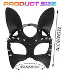 Premium Black Leather Rivet Cat Masquerade Mask Featuring Adjustable Back Buckle, 22cm tall, 65cm wide, detailed size graphic.