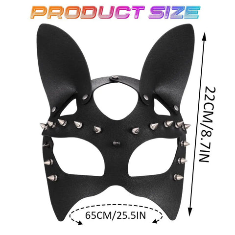 Premium Black Leather Rivet Cat Masquerade Mask Featuring Adjustable Back Buckle, 22cm tall, 65cm wide, detailed size graphic.
