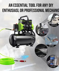 Boss Grade 1 4 Inch By 100 Feet Flex Air Compressor Hose Rated To 300 Psi with green hose connected to compressor for power tools.