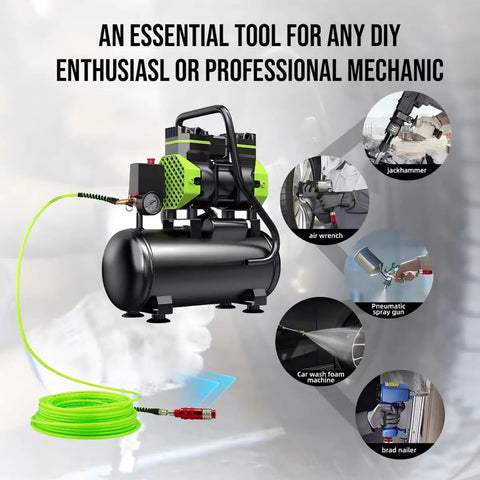 Boss Grade 1 4 Inch By 100 Feet Flex Air Compressor Hose Rated To 300 Psi with green hose connected to compressor for power tools.