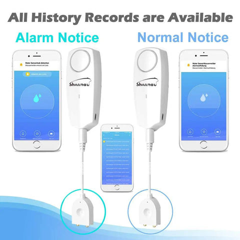 Water Leak Alarm Sensor With 100dB Siren, Smart Leak Detector With Tuya App Remote Monitoring; shown with 5.9 ft cable and app alerts