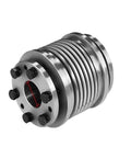 Rock Solid Bellows Coupling Featuring Zero Backlash Drive Shafts And Hella Precise CNC Machined Fit, shiny stainless steel and aluminum design.