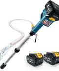 Heavy Duty Cordless Water Pump With 720 GPH Output And 29 Ft Max Lift featuring dual 21V power packs and flexible hose.