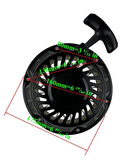Aftermarket 212cc Pull Start Recoil Starter Replacement for Predator 212 showing dimensions and handle detail