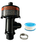 HJSIUTV high-flow pool air-relief valve, black plastic with warning label; blue filter ring and clamp (3 items)