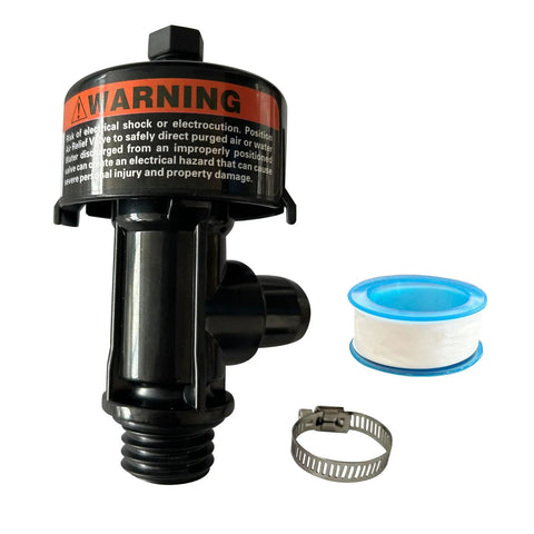 HJSIUTV high-flow pool air-relief valve, black plastic with warning label; blue filter ring and clamp (3 items)