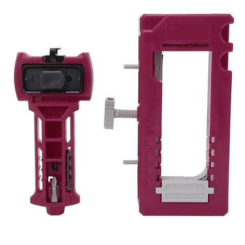 Door Hinge And Latch Installation Kit With Plastic Mortiser Template For 1 3 Eighth Or 1 3 Quarter Inch Doors, Includes Router Guide Chisel Tool Marking Tool And Drill Bits For Quick, DIY Friendly, Pro Grade Hardware Mounting, showing mortiser template and parts.