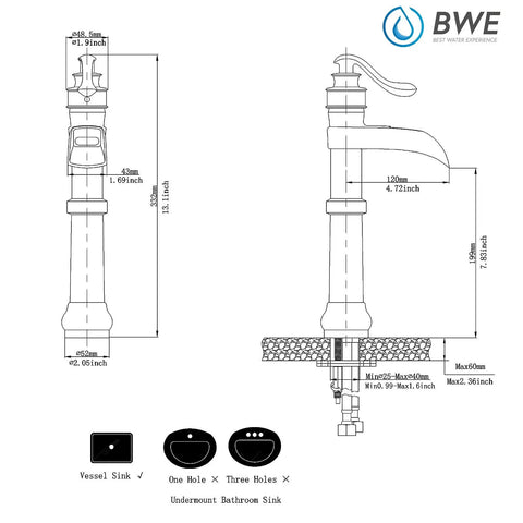 Diagram of Oil Rubbed Bronze Vessel Sink Faucet Tall Waterfall With Single Handle One Hole Installation with dimensions.