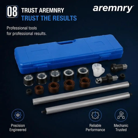 Beefed-Up Engine Cam Bearing Installation And Removal Tool Kit With 1-1/8 To 2-2/3 Inch Adapter displayed with tools and case.