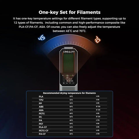 Space Pi Filament Dryer Box For 3D Printers with temperature settings and filament drying guide chart