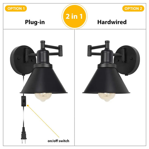 Black Plug In Wall Lamps Two Pack With Swing Arm Range 270 Degree Adjustment And 180 Degree Base On Off Switch Wall Sconces