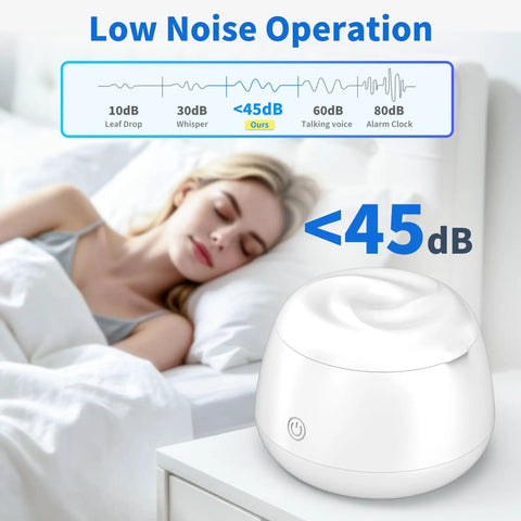 Ultrasonic Retainer Cleaner Pod with 45dB noise level next to sleeping woman, highlighting quiet operation at night.