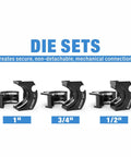 iCrimp IWS-1632AF Copper Press Tool die sets for 1 inch, 3/4 inch, and 1/2 inch fittings, showcasing interchangeable jaws.