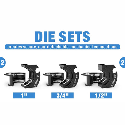 iCrimp IWS-1632AF Copper Press Tool die sets for 1 inch, 3/4 inch, and 1/2 inch fittings, showcasing interchangeable jaws.