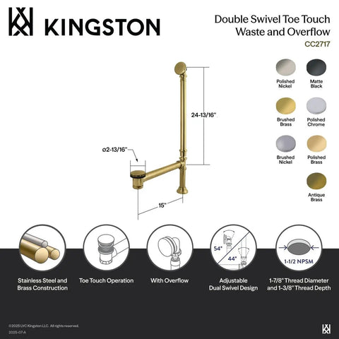 Slick Polished Nickel Bathtub Drain With Smart Double Swivel Toe Touch Waste And Overflow Assembly, 24-13/16 inch, solid brass.