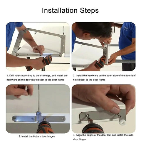 Steps to install 180 Degree Folding Door Hinge Kit For Small Spaces Wooden Sliding Hardware, showing drilling and alignment instructions.