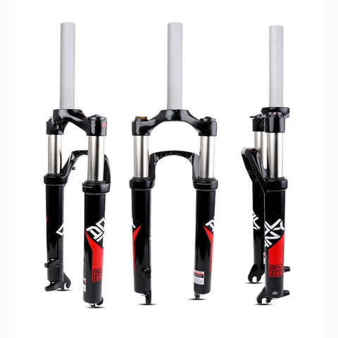 Lightweight Aluminum Alloy Front Fork With 105mm Travel For 26 27.5 29 Inch Mountain Bikes, Tough As Nails Trail Ready Suspension For Cross Country Riding, Durable Mechanical Front Suspension Fork In Black And Red.