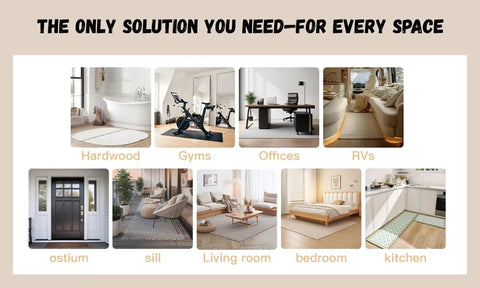 Various rooms and areas showcasing 16 pack anti slip rug tape double sided carpet grip for hardwood floors and tiles.