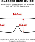 Glasses size guide showing dimensions; fits Kick Up Dust Without Fogging Out These Safety Glasses Fit Seamless Over Your Specs.