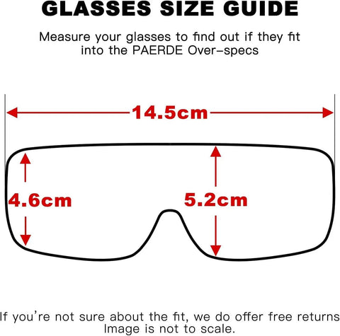 Glasses size guide showing dimensions; fits Kick Up Dust Without Fogging Out These Safety Glasses Fit Seamless Over Your Specs.
