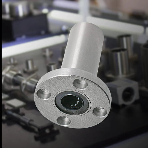 2 Pack LMF12LUU Round Flange Linear Ball Bearing With 12Mm Bore And 21Mm OD Heavy SA52100 Carbon Steel in a workshop setting.