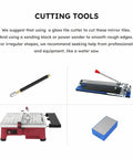Cutting tools for Peel And Stick Beveled Mirror Subway Tiles Silver 4x12 Inch with tile cutter, sander, and water saw.