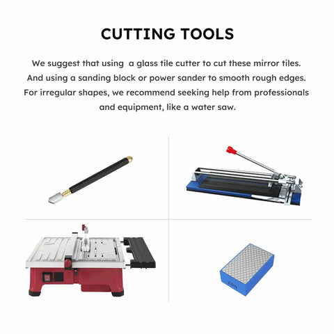Cutting tools for Peel And Stick Beveled Mirror Subway Tiles Silver 4x12 Inch with tile cutter, sander, and water saw.