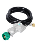 Two-stage propane regulator with 5 ft hose and green QCC1/Type1 connector; metal body.