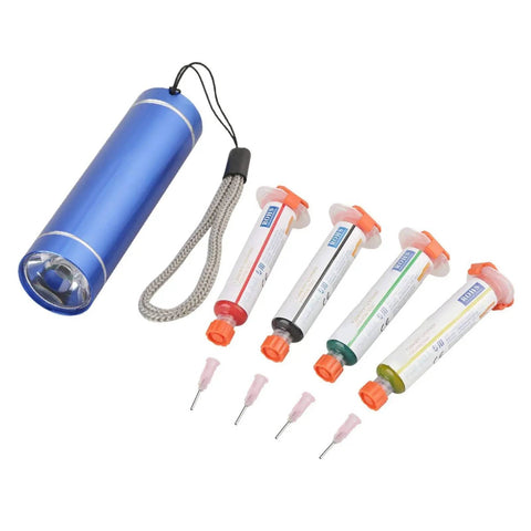 Pro Level Solder Flux Paste Kit For DIY PCB Repair And BGA Welding with UV light, 4 syringes, and needles.