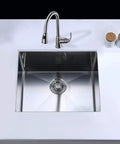 Undermount Stainless Steel Kitchen Sink 17x17 Deep Single Bowl with faucet and cutting board on white countertop