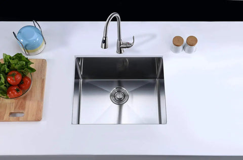 Undermount Stainless Steel Kitchen Sink 17x17 Deep Single Bowl with faucet and cutting board on white countertop