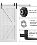 Six Foot Bypass Sliding Barn Door Hardware Kit For Double Wooden Doors With Single Track In Combination Track Mode Designed For A 70 Inch Door Opening Includes 6.7 Inch Overlap Space Between Doors Ideal Rustic Home Renovation Solution front view with track and components